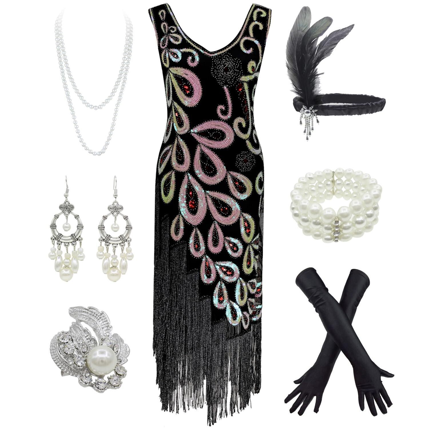 6579 1920s Vintage Peacock Sequin Fringed Party Flapper Dress W